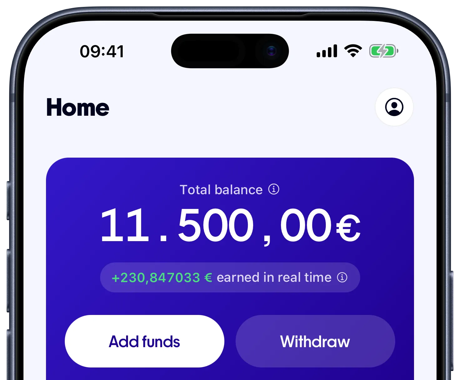 The Home screen of the unflat app: total balance, money earned in real time, and buttons to add funds or withdraw.