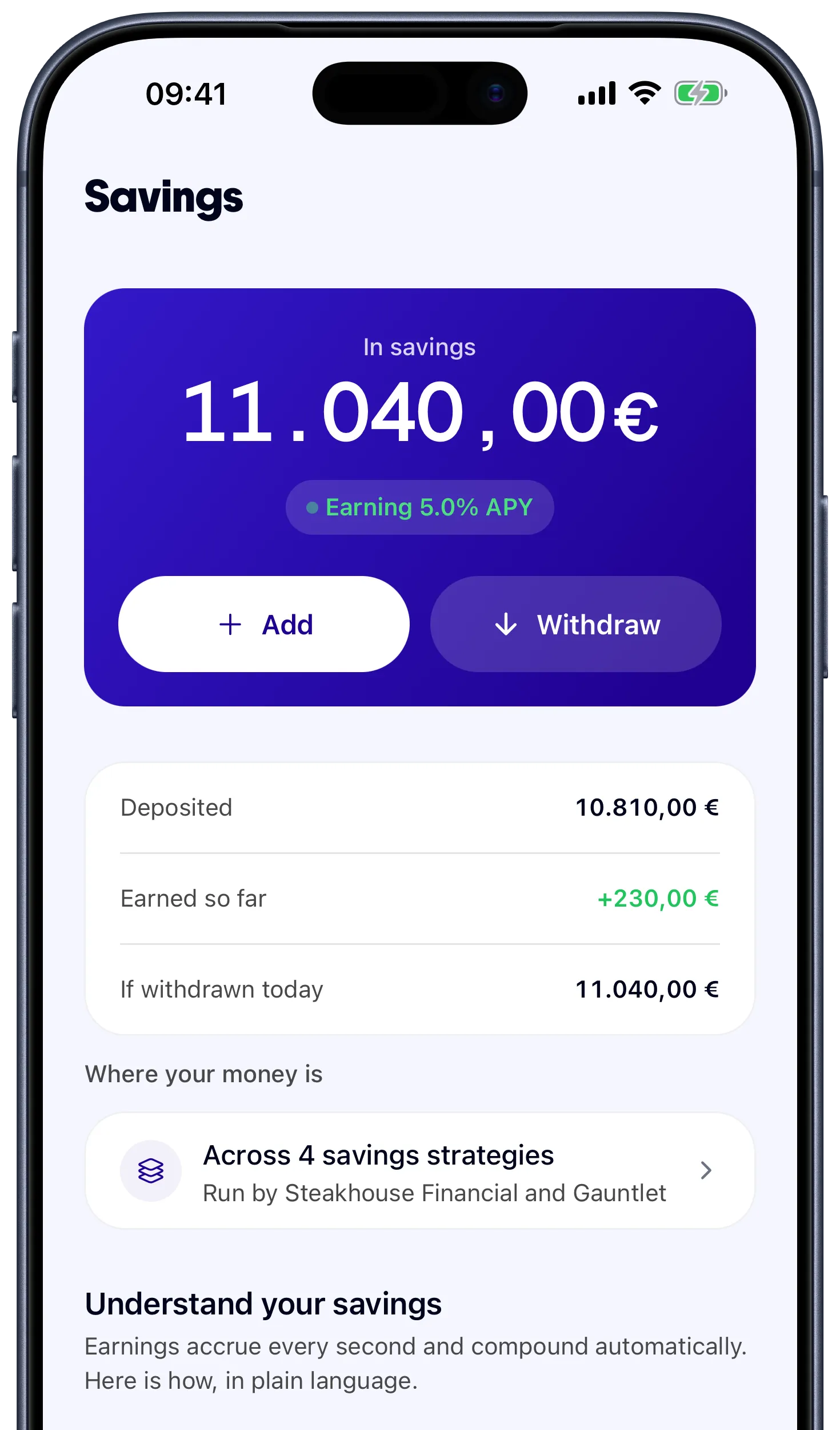 The Savings screen of the unflat app: the balance in Savings, what was deposited, what it has earned so far and what you would get if you withdrew today.
